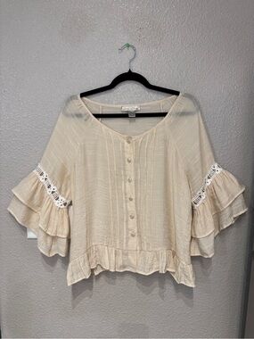 Trinity Cream Boho Ruffle Sleeve Peasant Blouse Lace Trim Cottagecore M